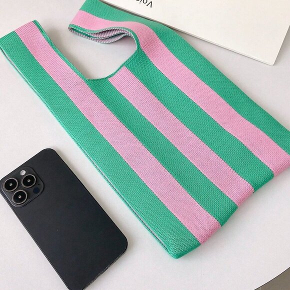 Pink Casual Women's Duke Crochet Stripe Pattern Lattice Handheld Bag - Picture 9 of 10